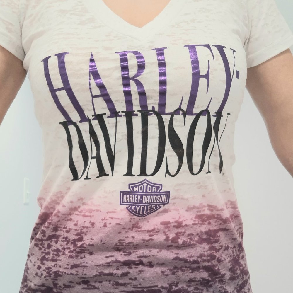 Harley-Davidson Womens  V-Neck White Purple Short Sleeve T-Shirt